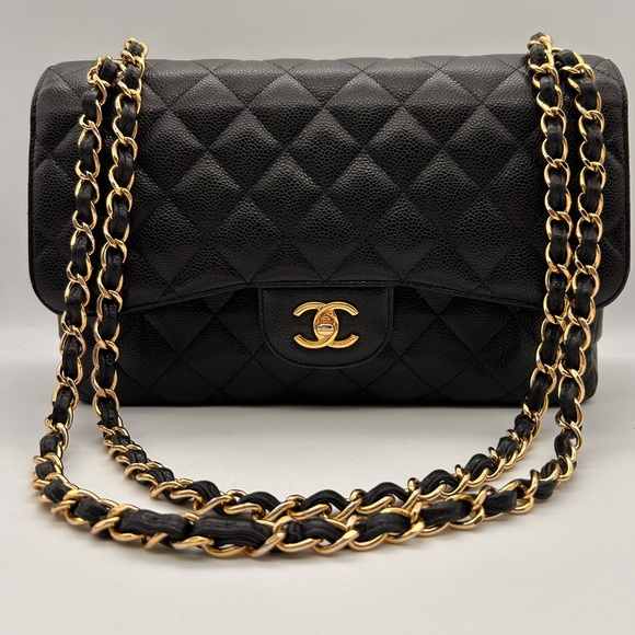 CHANEL Handbags - Chanel Caviar Double Flap Jumbo Black Gold Hardware Full Set